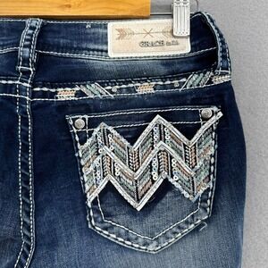 Grace in LA Easy Fit Embellished Pockets Dark Wash Jeans SZ 25 (27x29) Biker